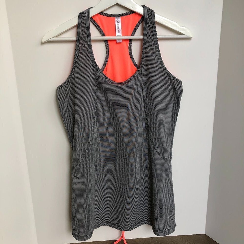 Kyodan Racer Back Striped Tank Top with Built In Bra Black/Wht/Orange Size M